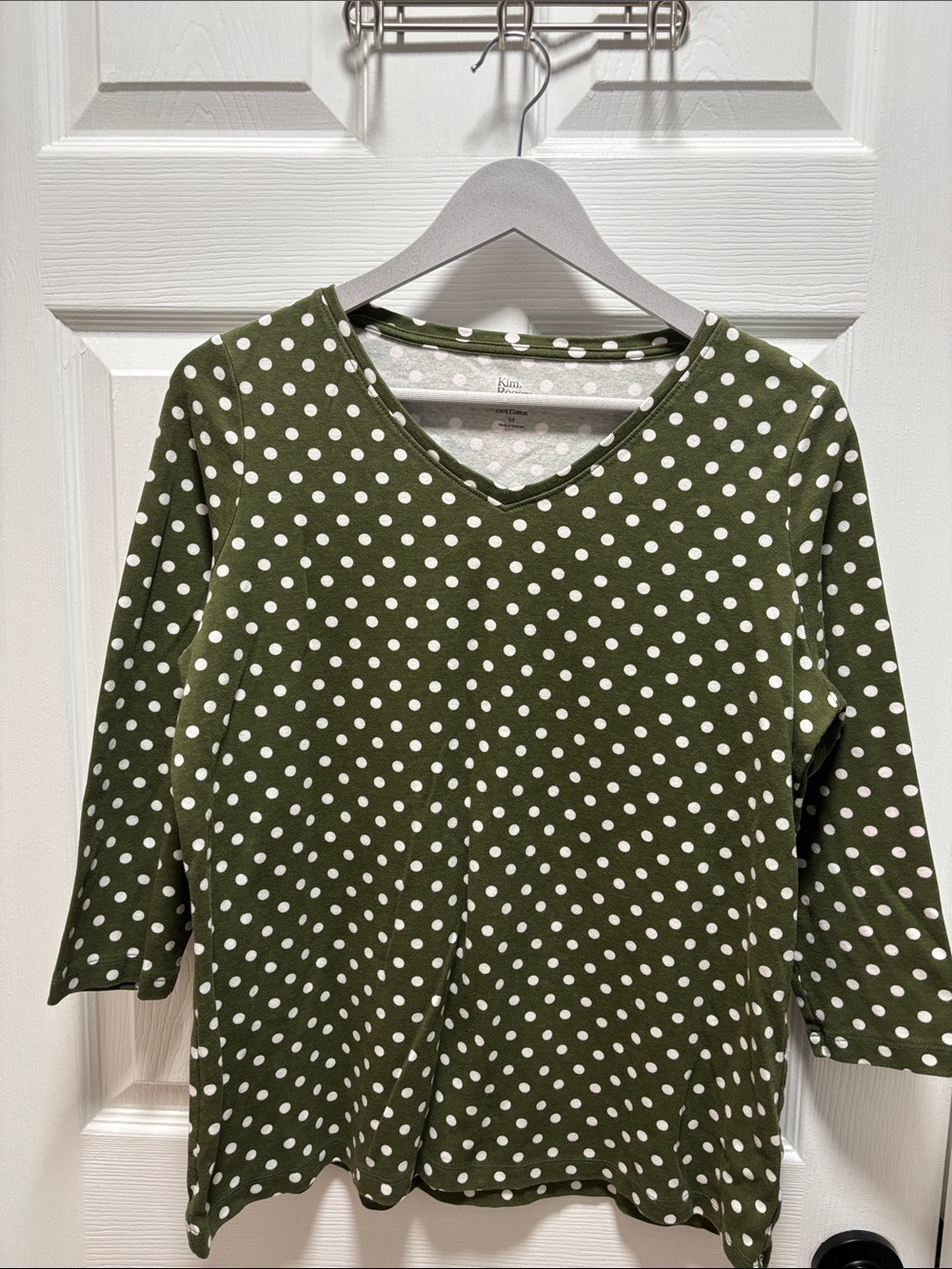 Kim Rogers Olive Green V-Neck Long Sleeve Polka Dot Top